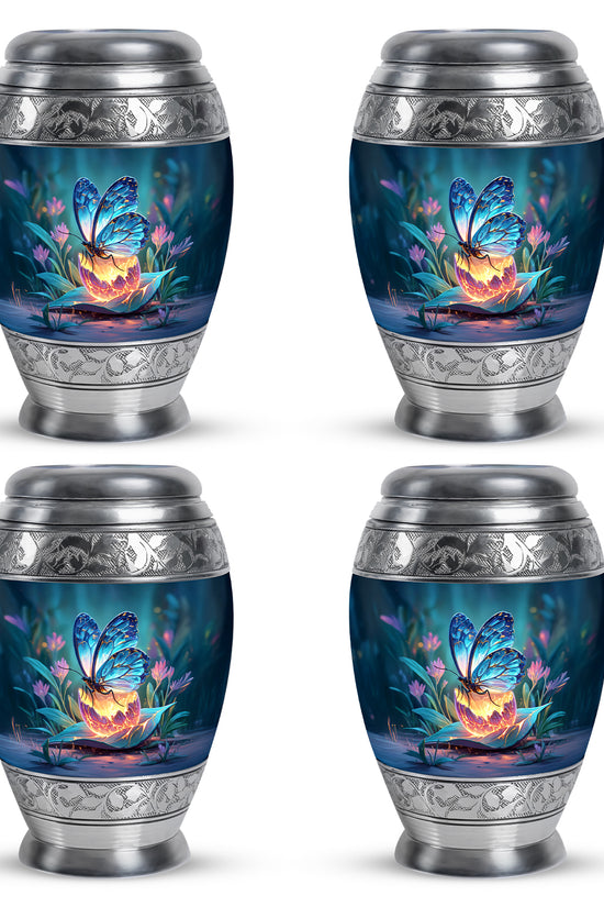 Soft Blue Butterfly Cremation Urn urn with complimentary velvet bag - royal butterfly engraving with decorative scrollwork - 10 inch aluminum urn for cremated remains