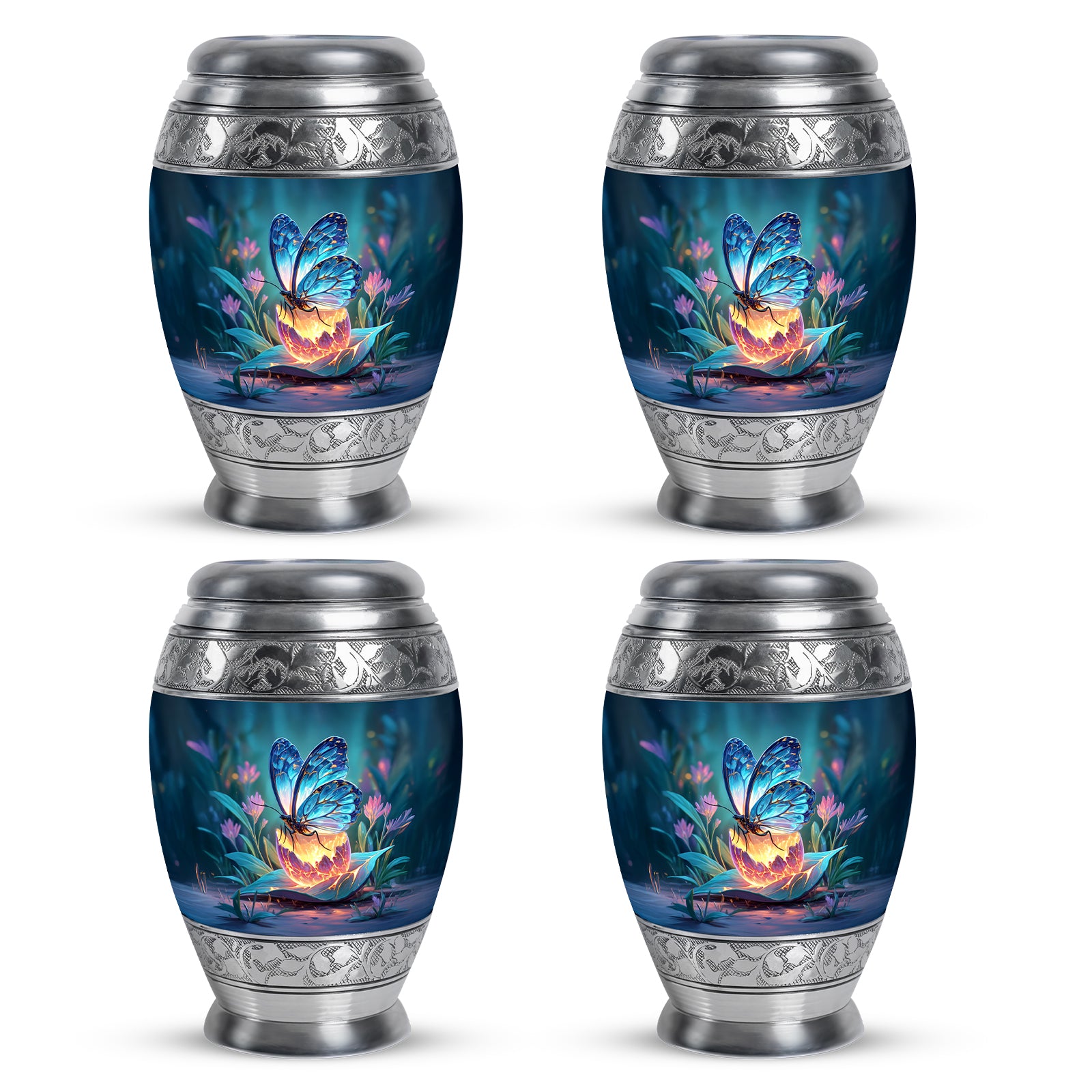 Soft Blue Butterfly Cremation Urn urn with complimentary velvet bag - royal butterfly engraving with decorative scrollwork - 10 inch aluminum urn for cremated remains
