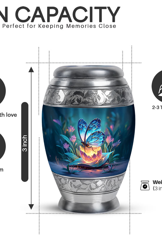 Serene Blue Butterfly Cremation Urn lifestyle display on memorial shelf - majestic butterfly pattern with filigree border - mini keepsake memorial for portion of cremation ashes