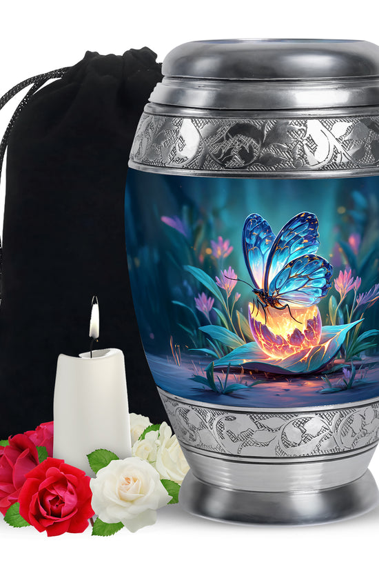 Twilight Blue Butterfly Cremation Urn back view with polished surface - royal butterfly engraving with decorative scrollwork - full-size 10 inch 200 cubic inch adult cremation urn