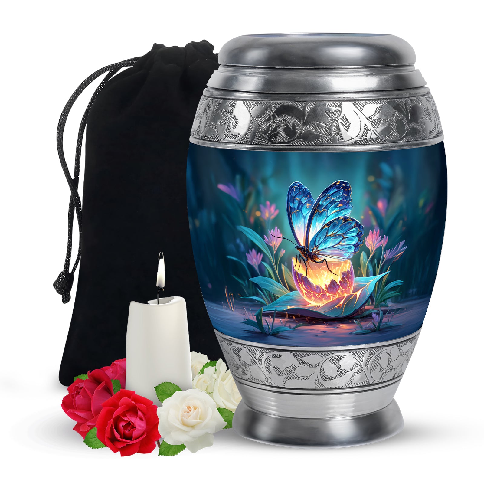 Twilight Blue Butterfly Cremation Urn back view with polished surface - royal butterfly engraving with decorative scrollwork - full-size 10 inch 200 cubic inch adult cremation urn