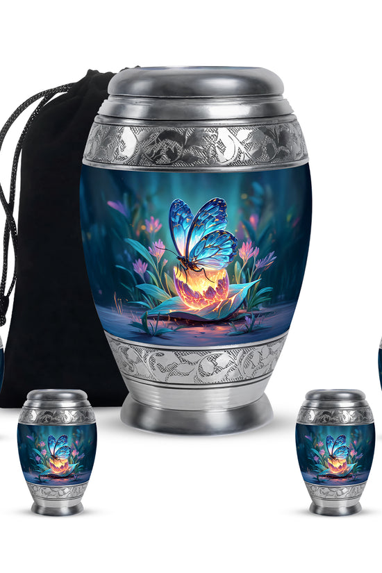 Royal Blue Butterfly Cremation Urn detail view - majestic butterfly pattern with filigree border - memorial set with one large and four small urns
