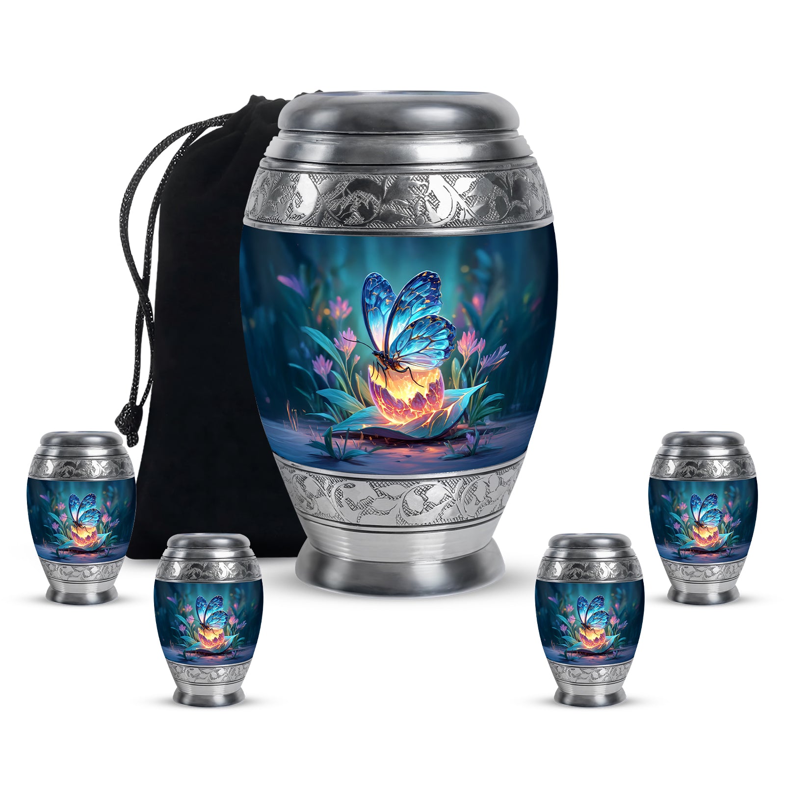 Royal Blue Butterfly Cremation Urn detail view - majestic butterfly pattern with filigree border - memorial set with one large and four small urns