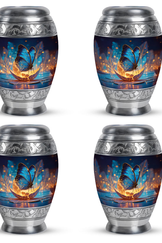 Sky Blue Butterfly Cremation Urn urn with complimentary velvet bag - ornate monarch-style butterfly relief on brushed aluminum - 10 inch aluminum urn for cremated remains