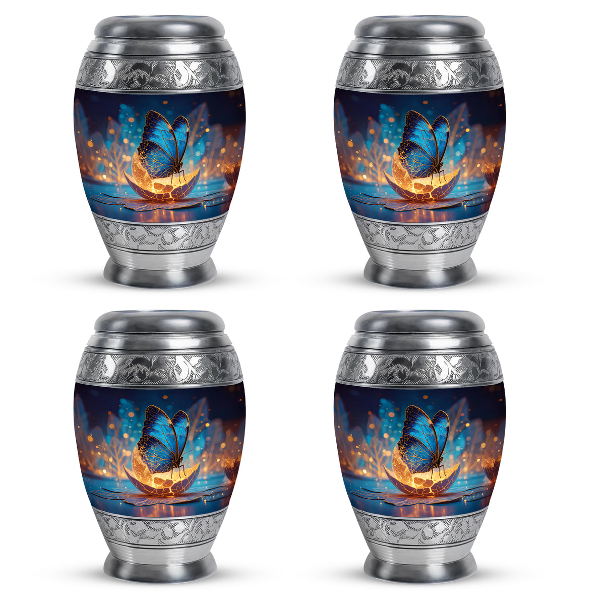 Sky Blue Butterfly Cremation Urn urn with complimentary velvet bag - ornate monarch-style butterfly relief on brushed aluminum - 10 inch aluminum urn for cremated remains
