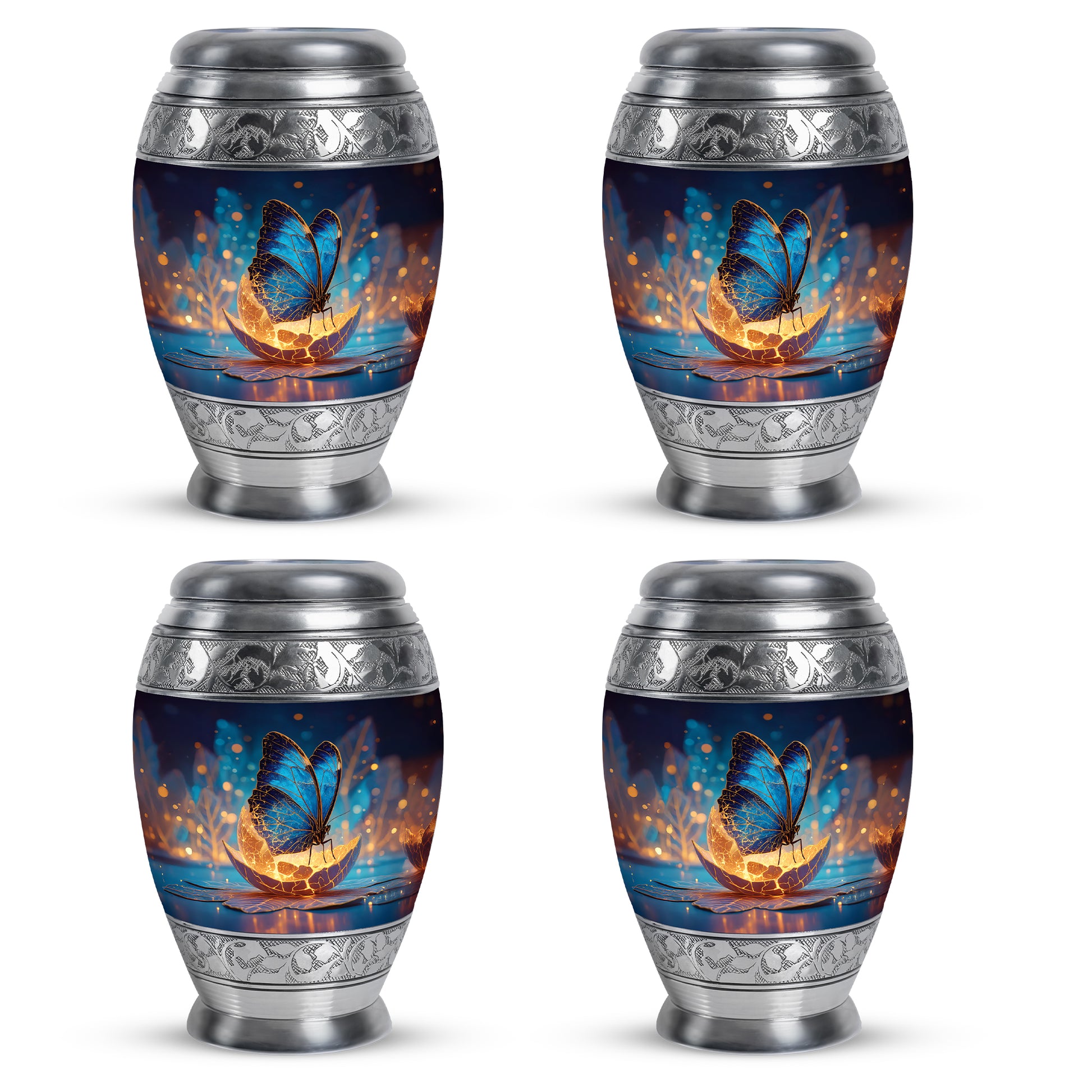 Sky Blue Butterfly Cremation Urn urn with complimentary velvet bag - ornate monarch-style butterfly relief on brushed aluminum - 10 inch aluminum urn for cremated remains