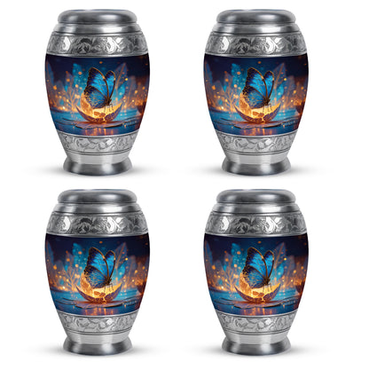 Sky Blue Butterfly Cremation Urn urn with complimentary velvet bag - ornate monarch-style butterfly relief on brushed aluminum - 10 inch aluminum urn for cremated remains