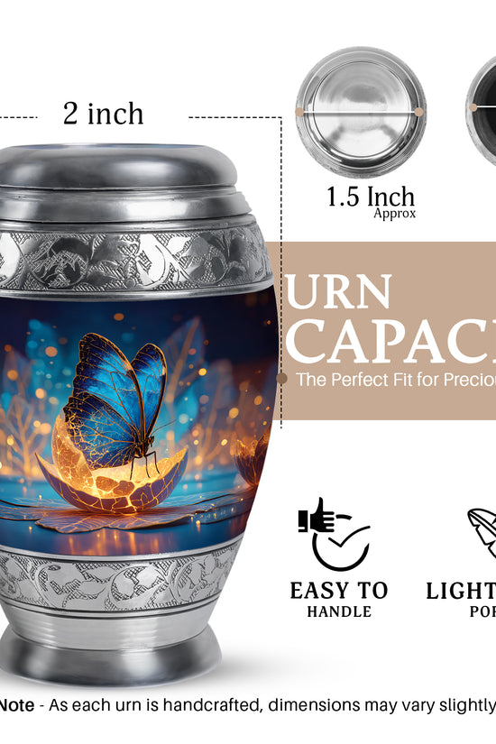 Powder Blue Butterfly Cremation Urn lifestyle display on memorial shelf - regal butterfly design with crown-inspired accents - mini keepsake memorial for portion of cremation ashes