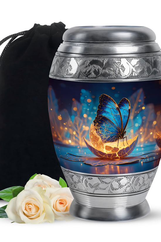 Powder Blue Butterfly Cremation Urn back view with polished surface - regal butterfly design with crown-inspired accents - full-size 10 inch 200 cubic inch adult cremation urn