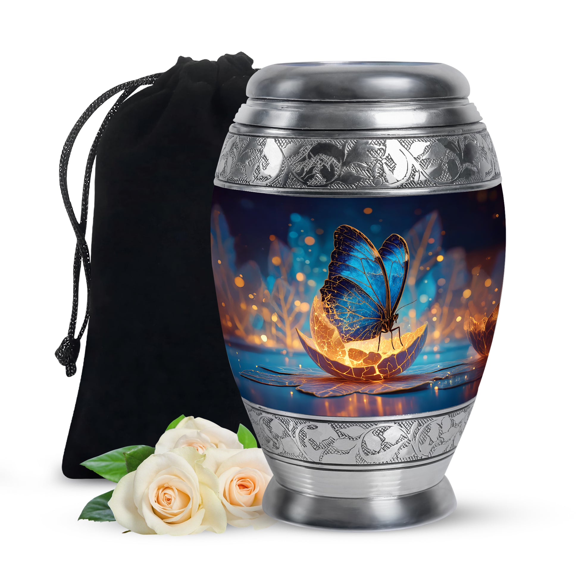 Powder Blue Butterfly Cremation Urn back view with polished surface - regal butterfly design with crown-inspired accents - full-size 10 inch 200 cubic inch adult cremation urn