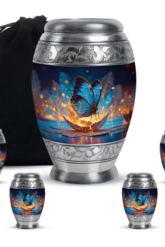 Steel Blue Butterfly Cremation Urn detail view - royal butterfly engraving with decorative scrollwork - memorial set with one large and four small urns