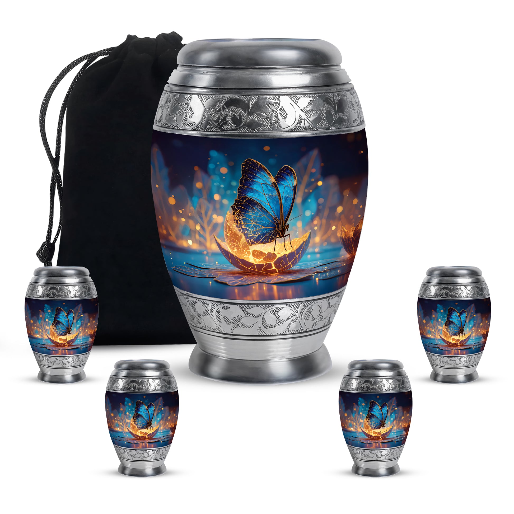 Steel Blue Butterfly Cremation Urn detail view - royal butterfly engraving with decorative scrollwork - memorial set with one large and four small urns