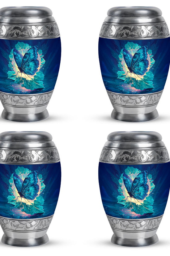 Royal Blue Butterfly Cremation Urn urn with complimentary velvet bag - majestic butterfly pattern with filigree border - 10 inch aluminum urn for cremated remains