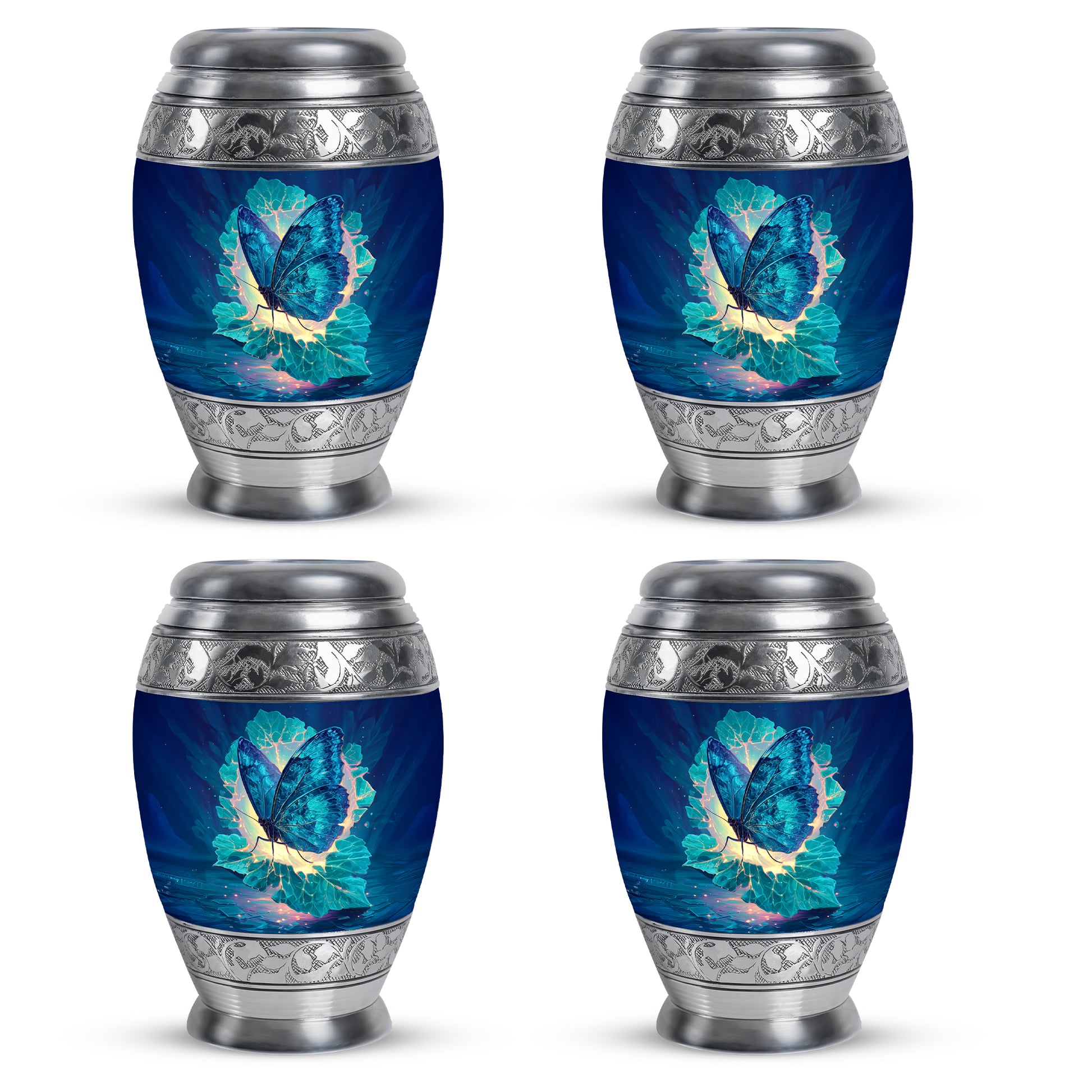 Royal Blue Butterfly Cremation Urn urn with complimentary velvet bag - majestic butterfly pattern with filigree border - 10 inch aluminum urn for cremated remains