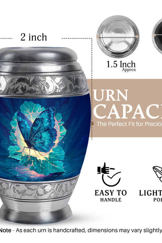 Navy Blue Butterfly Cremation Urn lifestyle display on memorial shelf - ornate monarch-style butterfly relief on brushed aluminum - mini keepsake memorial for portion of cremation ashes