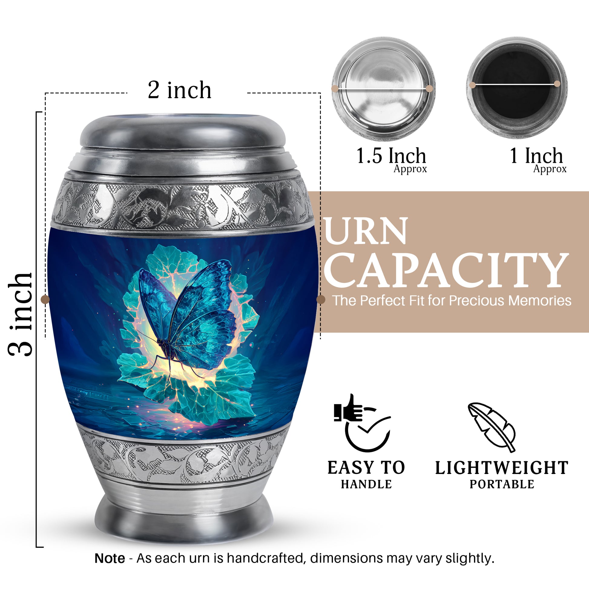 Navy Blue Butterfly Cremation Urn lifestyle display on memorial shelf - ornate monarch-style butterfly relief on brushed aluminum - mini keepsake memorial for portion of cremation ashes