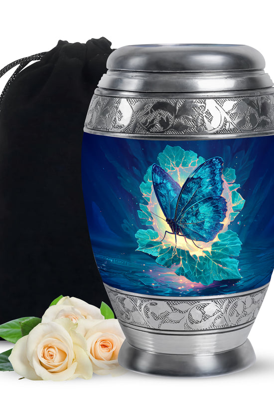 Bright Blue Butterfly Cremation Urn back view with polished surface - royal butterfly engraving with decorative scrollwork - full-size 10 inch 200 cubic inch adult cremation urn
