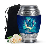 Bright Blue Butterfly Cremation Urn back view with polished surface - royal butterfly engraving with decorative scrollwork - full-size 10 inch 200 cubic inch adult cremation urn