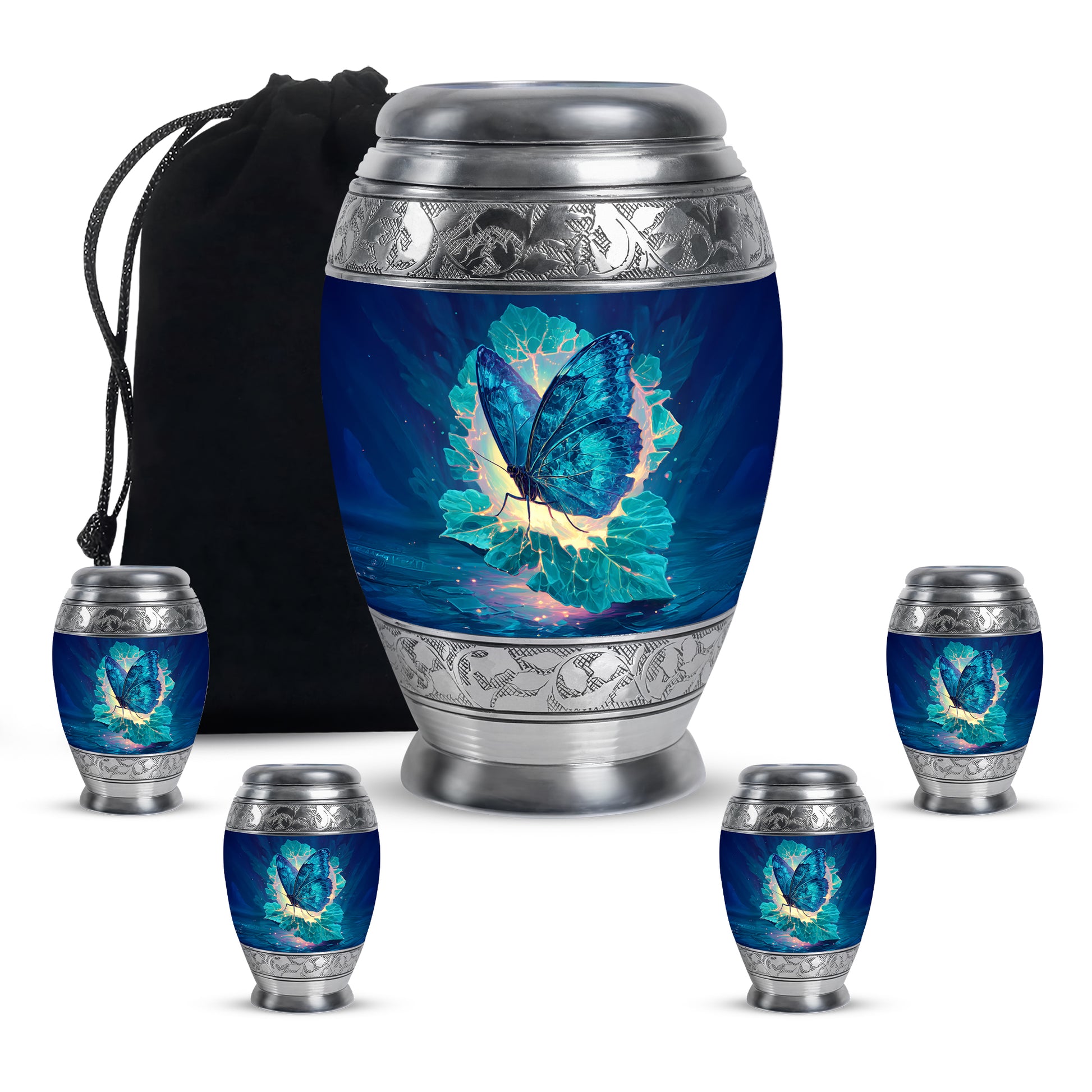 Soft Blue Butterfly Cremation Urn detail view - majestic butterfly pattern with filigree border - memorial set with one large and four small urns