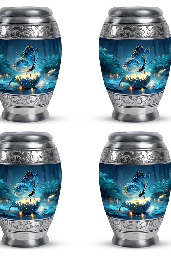 Dusty Blue Butterfly Cremation Urn urn with complimentary velvet bag - regal butterfly design with crown-inspired accents - 10 inch aluminum urn for cremated remains