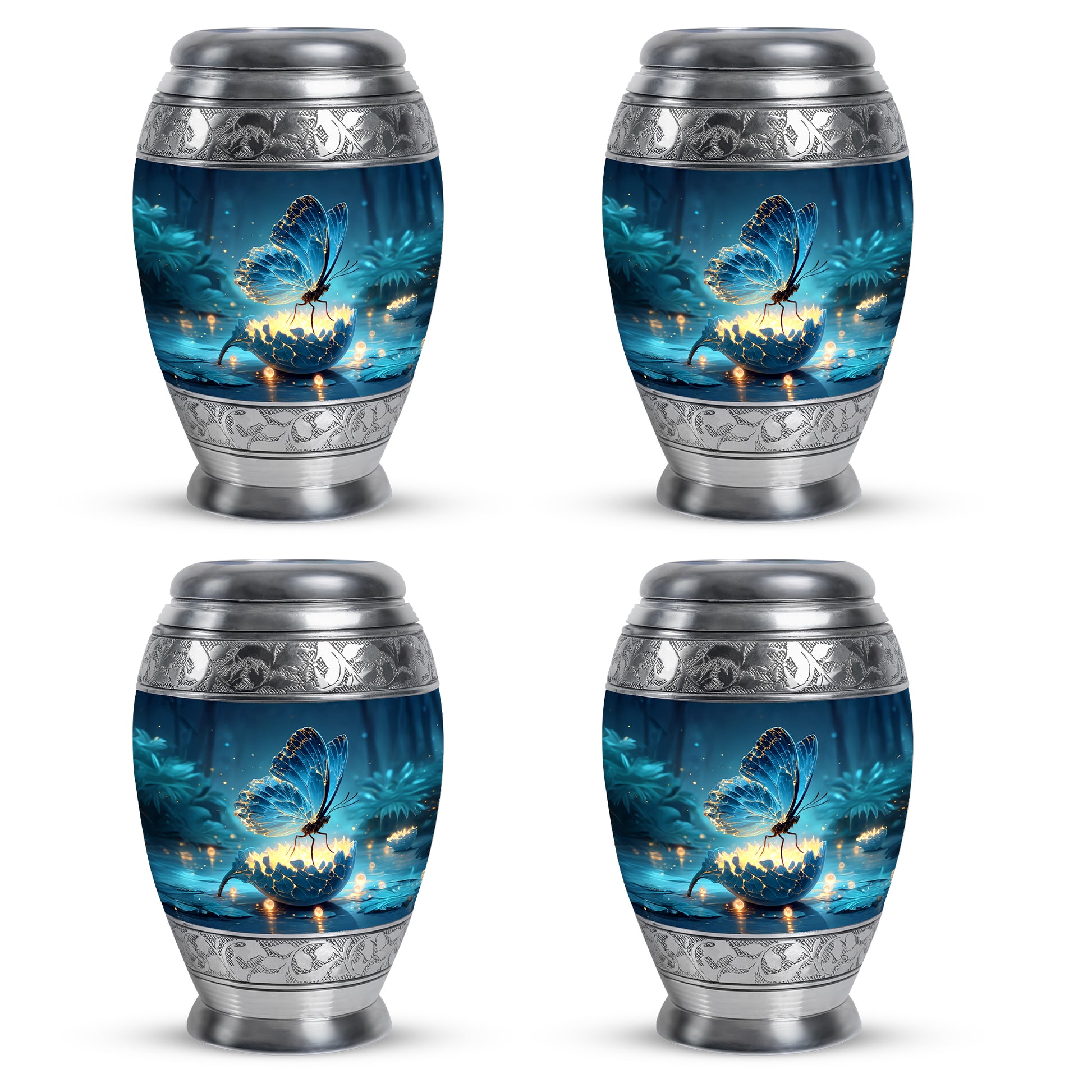 Dusty Blue Butterfly Cremation Urn urn with complimentary velvet bag - regal butterfly design with crown-inspired accents - 10 inch aluminum urn for cremated remains