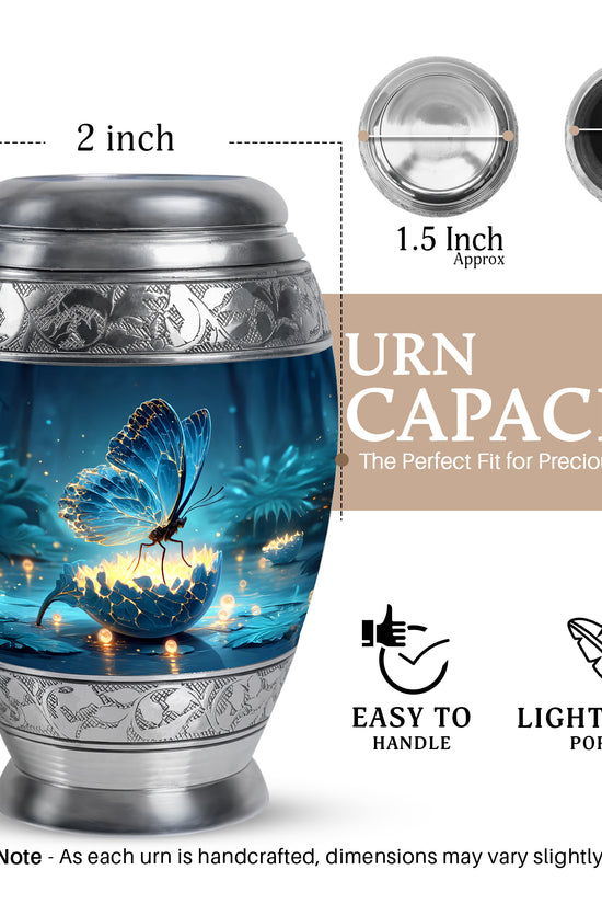 Vivid Blue Butterfly Cremation Urn lifestyle display on memorial shelf - royal butterfly engraving with decorative scrollwork - mini keepsake memorial for portion of cremation ashes