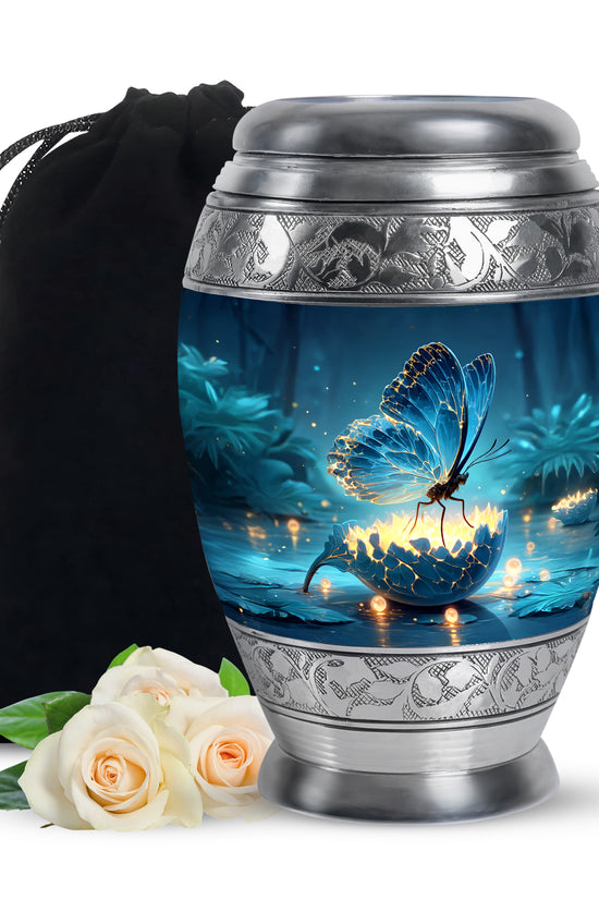 Vivid Blue Butterfly Cremation Urn back view with polished surface - royal butterfly engraving with decorative scrollwork - full-size 10 inch 200 cubic inch adult cremation urn