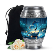 Vivid Blue Butterfly Cremation Urn back view with polished surface - royal butterfly engraving with decorative scrollwork - full-size 10 inch 200 cubic inch adult cremation urn