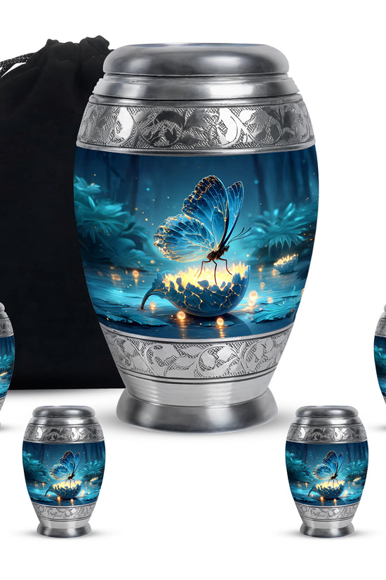 Powder Blue Butterfly Cremation Urn detail view - regal butterfly design with crown-inspired accents - memorial set with one large and four small urns