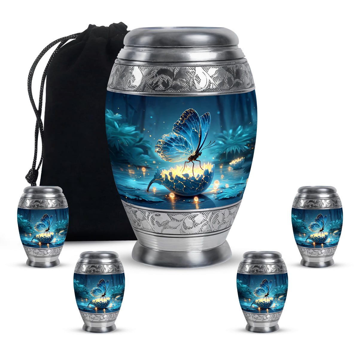 Powder Blue Butterfly Cremation Urn detail view - regal butterfly design with crown-inspired accents - memorial set with one large and four small urns
