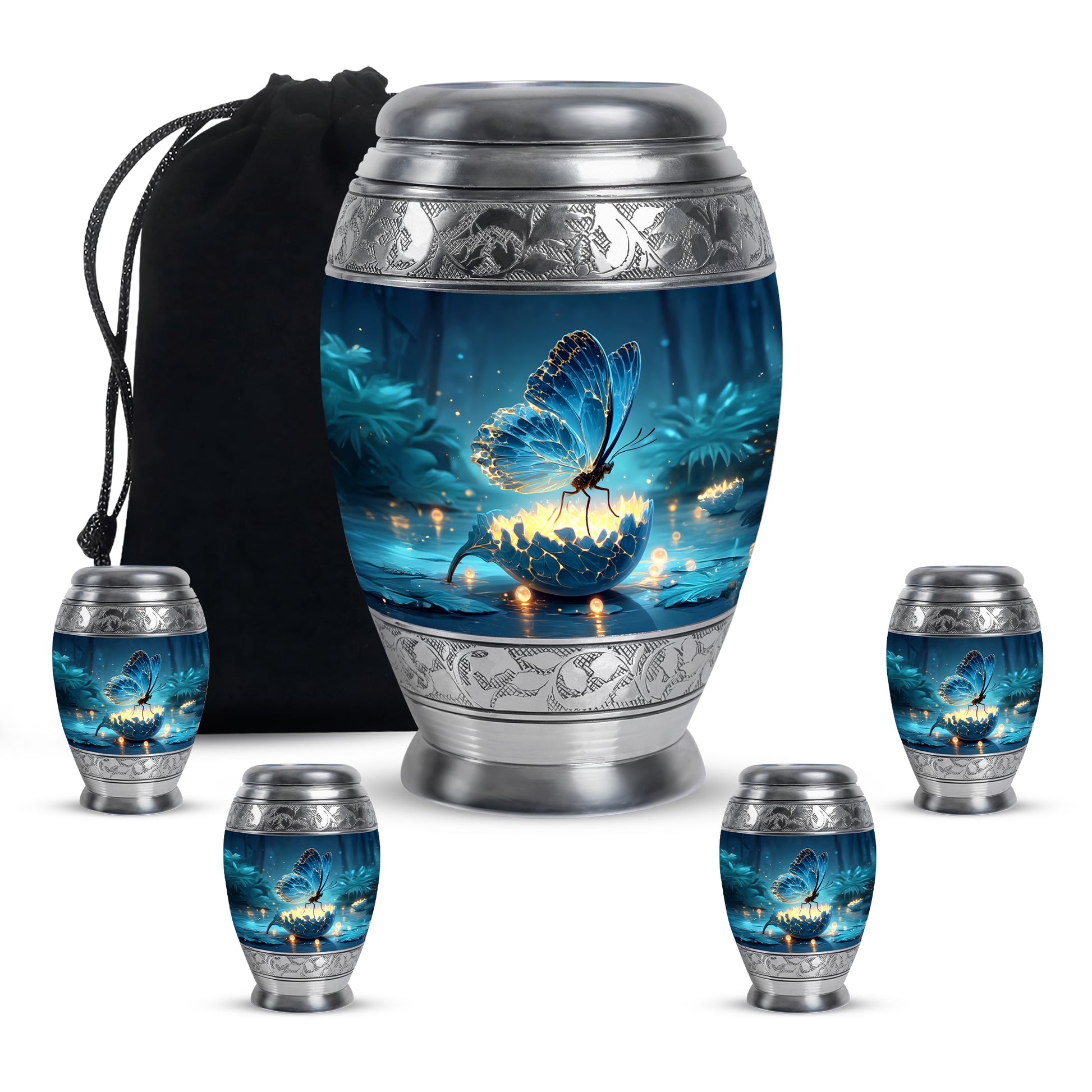 Powder Blue Butterfly Cremation Urn detail view - regal butterfly design with crown-inspired accents - memorial set with one large and four small urns