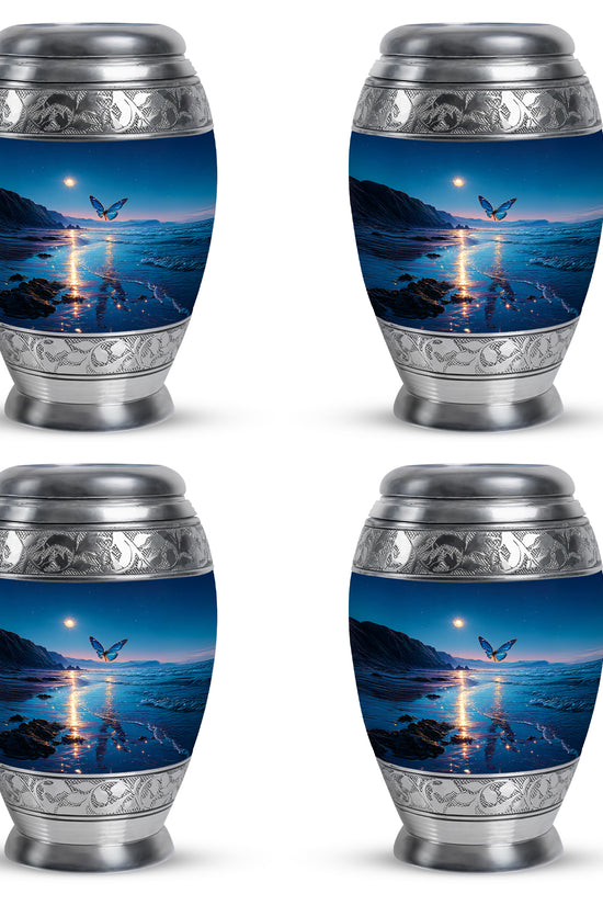 Misty Blue Butterfly Cremation Urn urn with complimentary velvet bag - ornate monarch-style butterfly relief on brushed aluminum - 10 inch aluminum urn for cremated remains