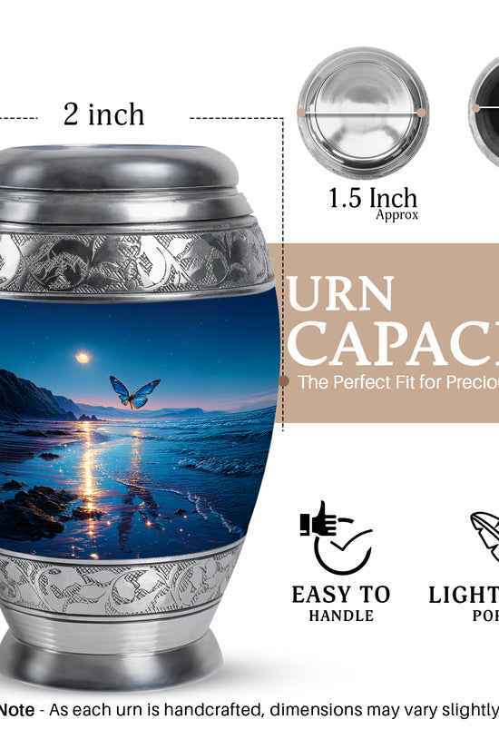 Powder Blue Butterfly Cremation Urn lifestyle display on memorial shelf - ornate monarch-style butterfly relief on brushed aluminum - mini keepsake memorial for portion of cremation ashes