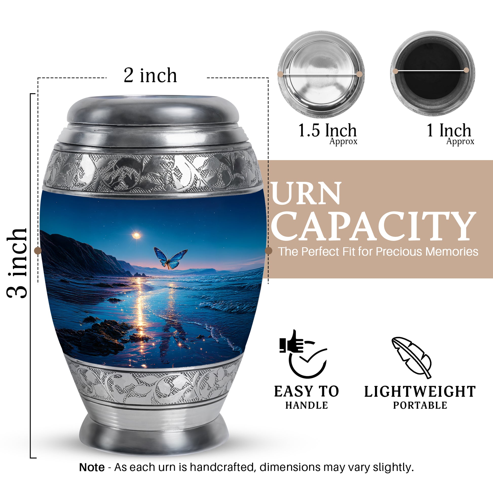 Powder Blue Butterfly Cremation Urn lifestyle display on memorial shelf - ornate monarch-style butterfly relief on brushed aluminum - mini keepsake memorial for portion of cremation ashes