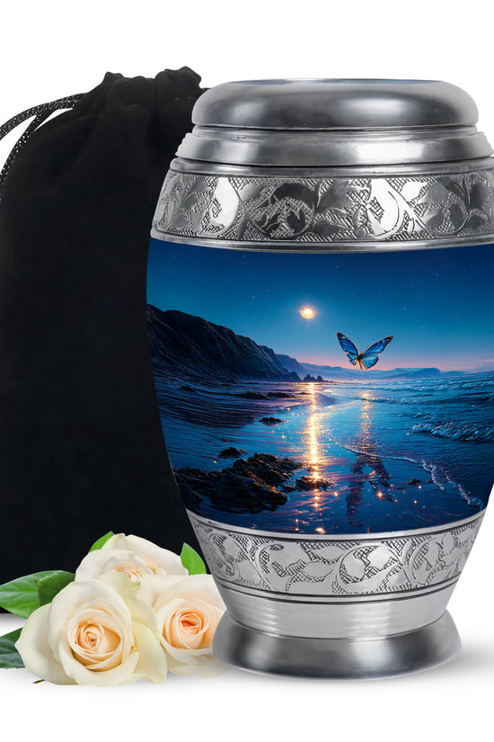 Slate Blue Butterfly Cremation Urn back view with polished surface - regal butterfly design with crown-inspired accents - full-size 10 inch 200 cubic inch adult cremation urn