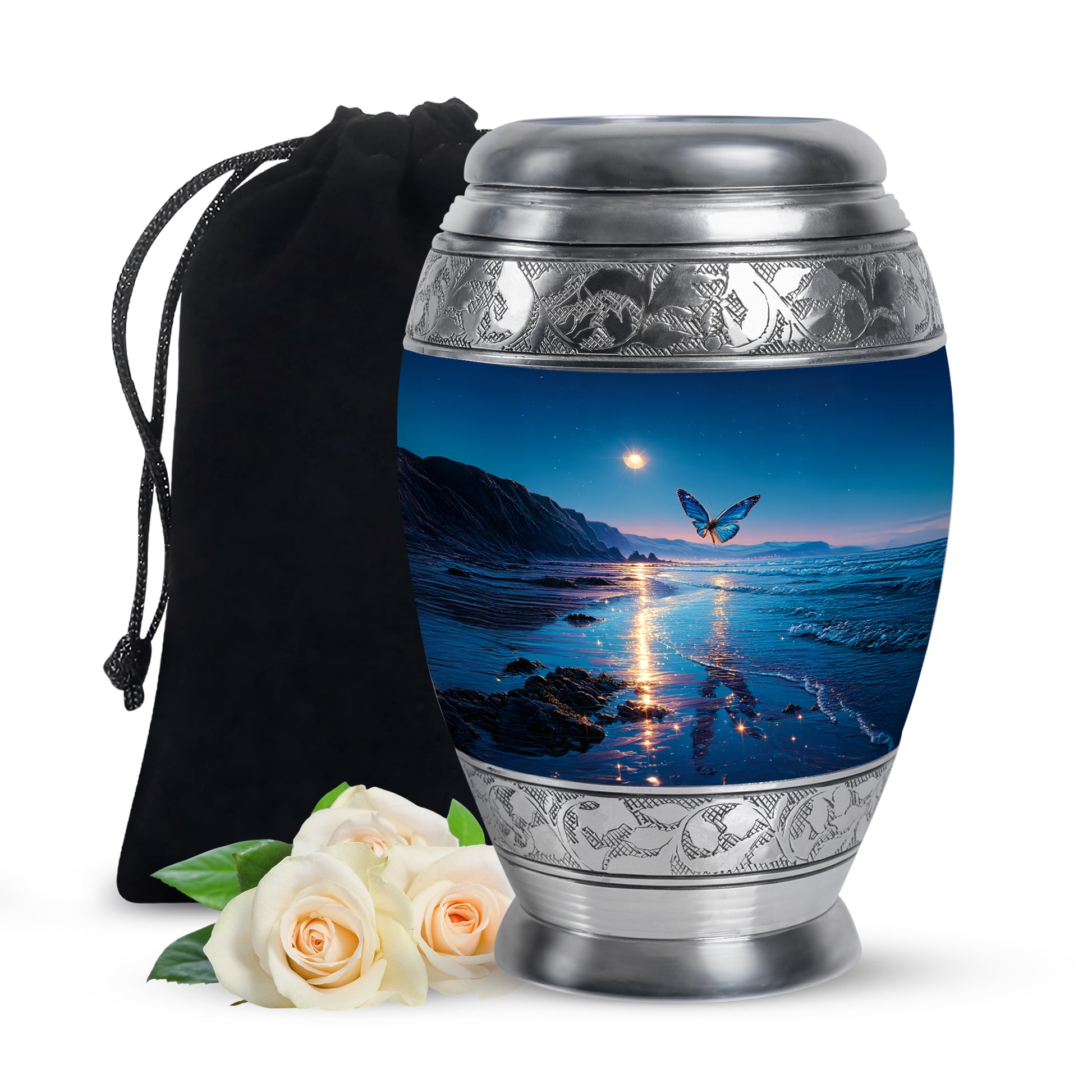 Slate Blue Butterfly Cremation Urn back view with polished surface - regal butterfly design with crown-inspired accents - full-size 10 inch 200 cubic inch adult cremation urn
