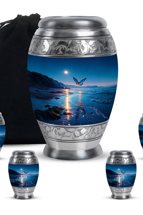 Soft Blue Butterfly Cremation Urn detail view - majestic butterfly pattern with filigree border - memorial set with one large and four small urns