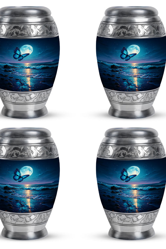 Sky Blue Butterfly Cremation Urn urn with complimentary velvet bag - ornate monarch-style butterfly relief on brushed aluminum - 10 inch aluminum urn for cremated remains