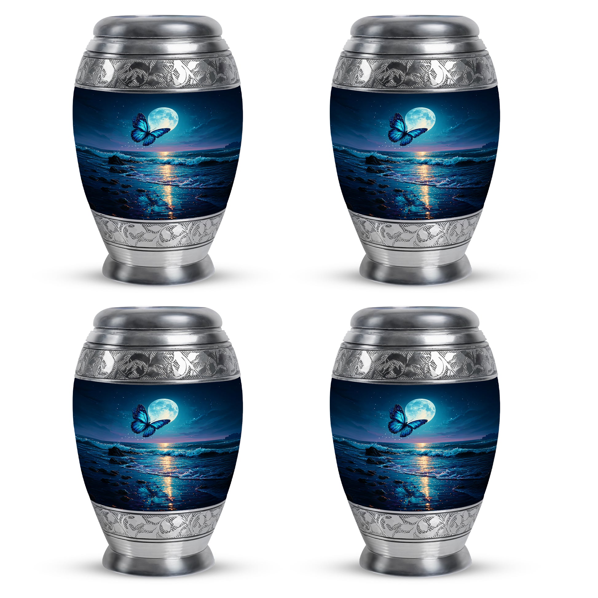 Sky Blue Butterfly Cremation Urn urn with complimentary velvet bag - ornate monarch-style butterfly relief on brushed aluminum - 10 inch aluminum urn for cremated remains