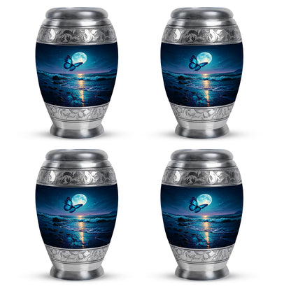Sky Blue Butterfly Cremation Urn urn with complimentary velvet bag - ornate monarch-style butterfly relief on brushed aluminum - 10 inch aluminum urn for cremated remains