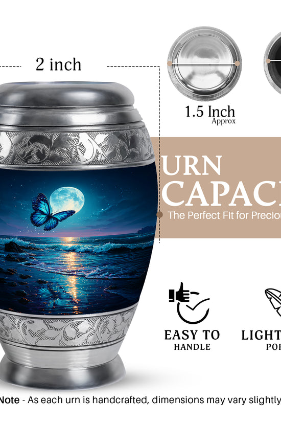 Cornflower Blue Butterfly Cremation Urn lifestyle display on memorial shelf - royal butterfly engraving with decorative scrollwork - mini keepsake memorial for portion of cremation ashes