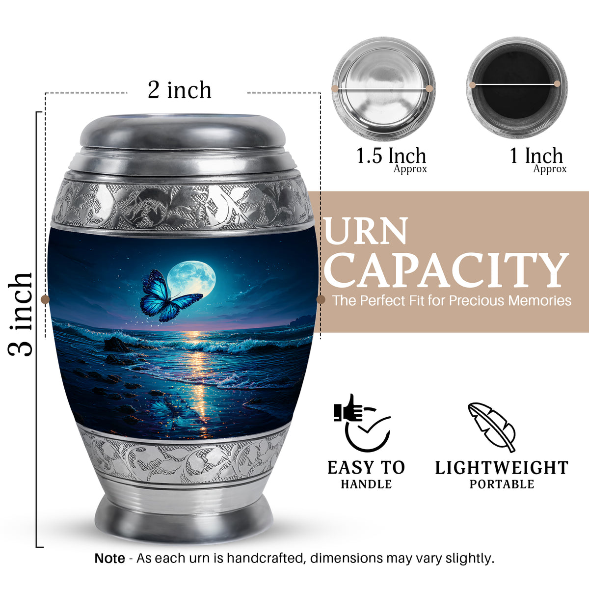 Cornflower Blue Butterfly Cremation Urn lifestyle display on memorial shelf - royal butterfly engraving with decorative scrollwork - mini keepsake memorial for portion of cremation ashes