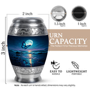 Cornflower Blue Butterfly Cremation Urn lifestyle display on memorial shelf - royal butterfly engraving with decorative scrollwork - mini keepsake memorial for portion of cremation ashes