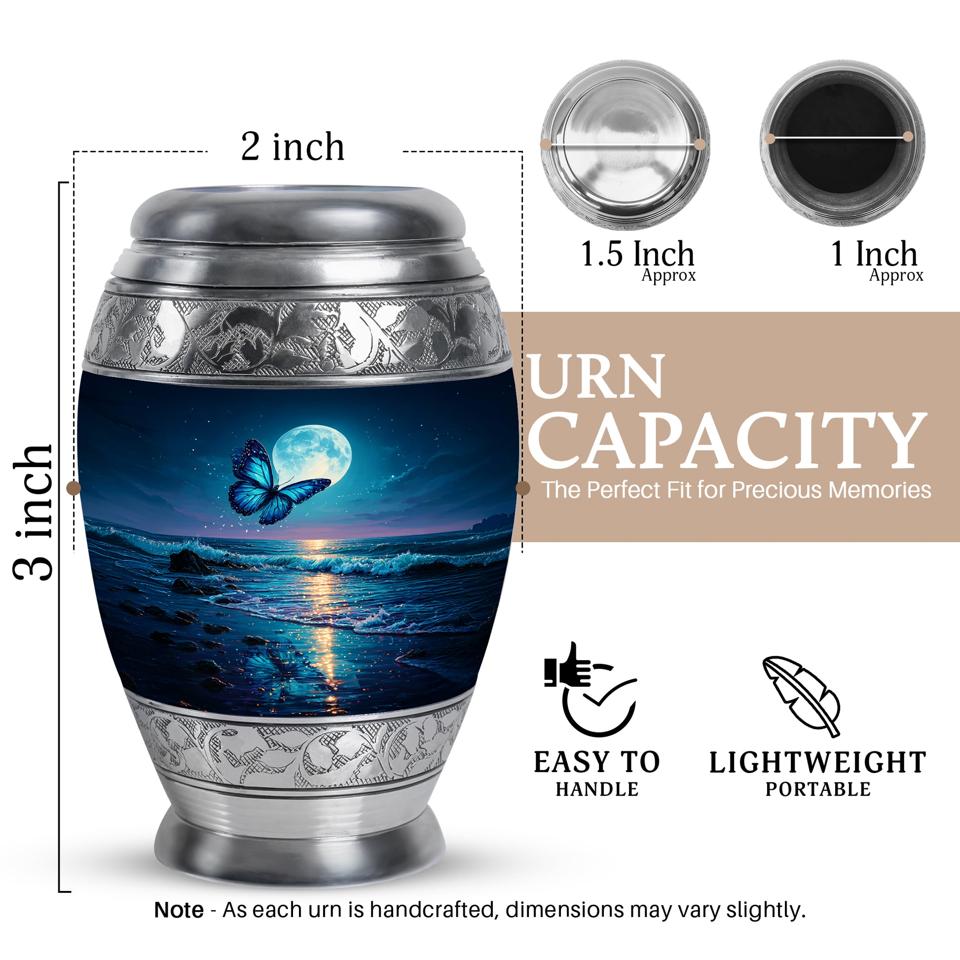 Cornflower Blue Butterfly Cremation Urn lifestyle display on memorial shelf - royal butterfly engraving with decorative scrollwork - mini keepsake memorial for portion of cremation ashes