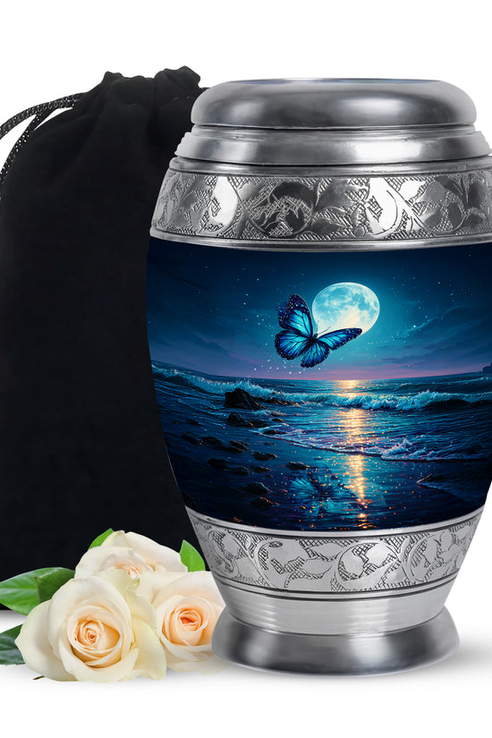 Vivid Blue Butterfly Cremation Urn back view with polished surface - royal butterfly engraving with decorative scrollwork - full-size 10 inch 200 cubic inch adult cremation urn