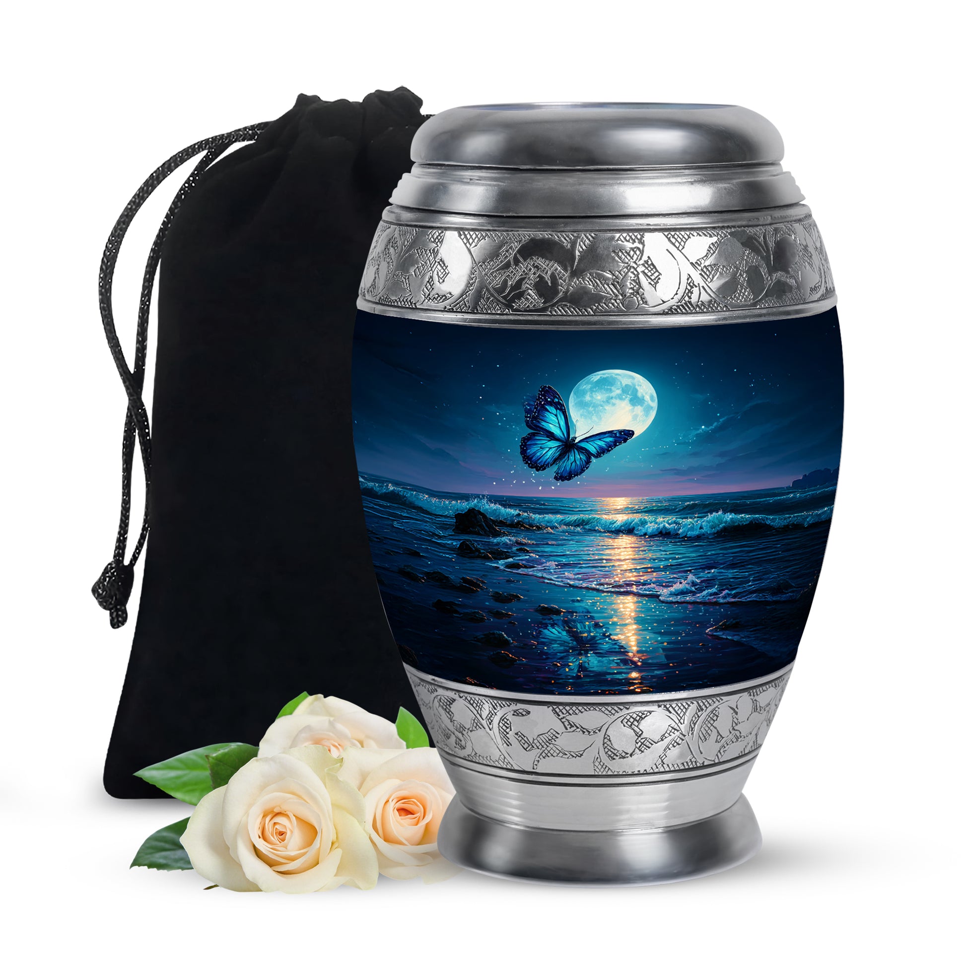 Vivid Blue Butterfly Cremation Urn back view with polished surface - royal butterfly engraving with decorative scrollwork - full-size 10 inch 200 cubic inch adult cremation urn