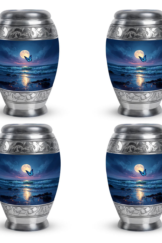 Azure Butterfly Cremation Urn urn with complimentary velvet bag - regal butterfly design with crown-inspired accents - 10 inch aluminum urn for cremated remains