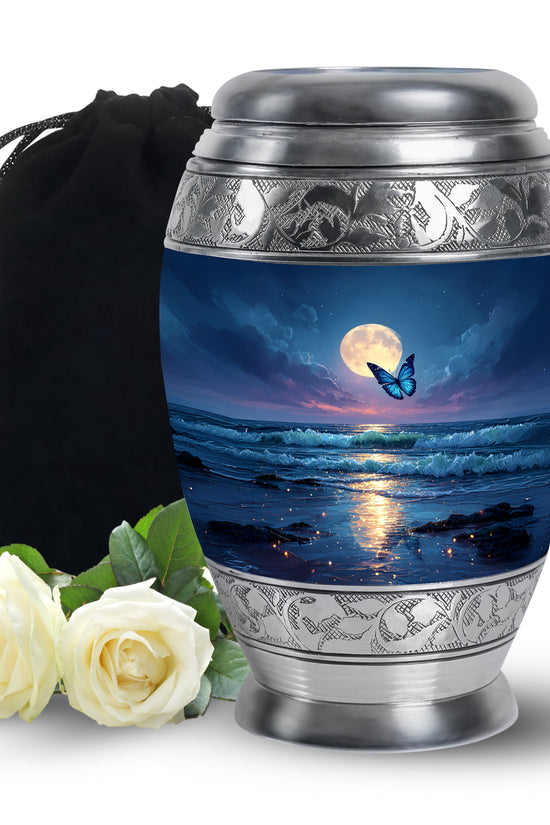 Azure Butterfly Cremation Urn back view with polished surface - ornate monarch-style butterfly relief on brushed aluminum - full-size 10 inch 200 cubic inch adult cremation urn