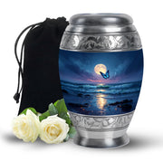 Azure Butterfly Cremation Urn back view with polished surface - ornate monarch-style butterfly relief on brushed aluminum - full-size 10 inch 200 cubic inch adult cremation urn