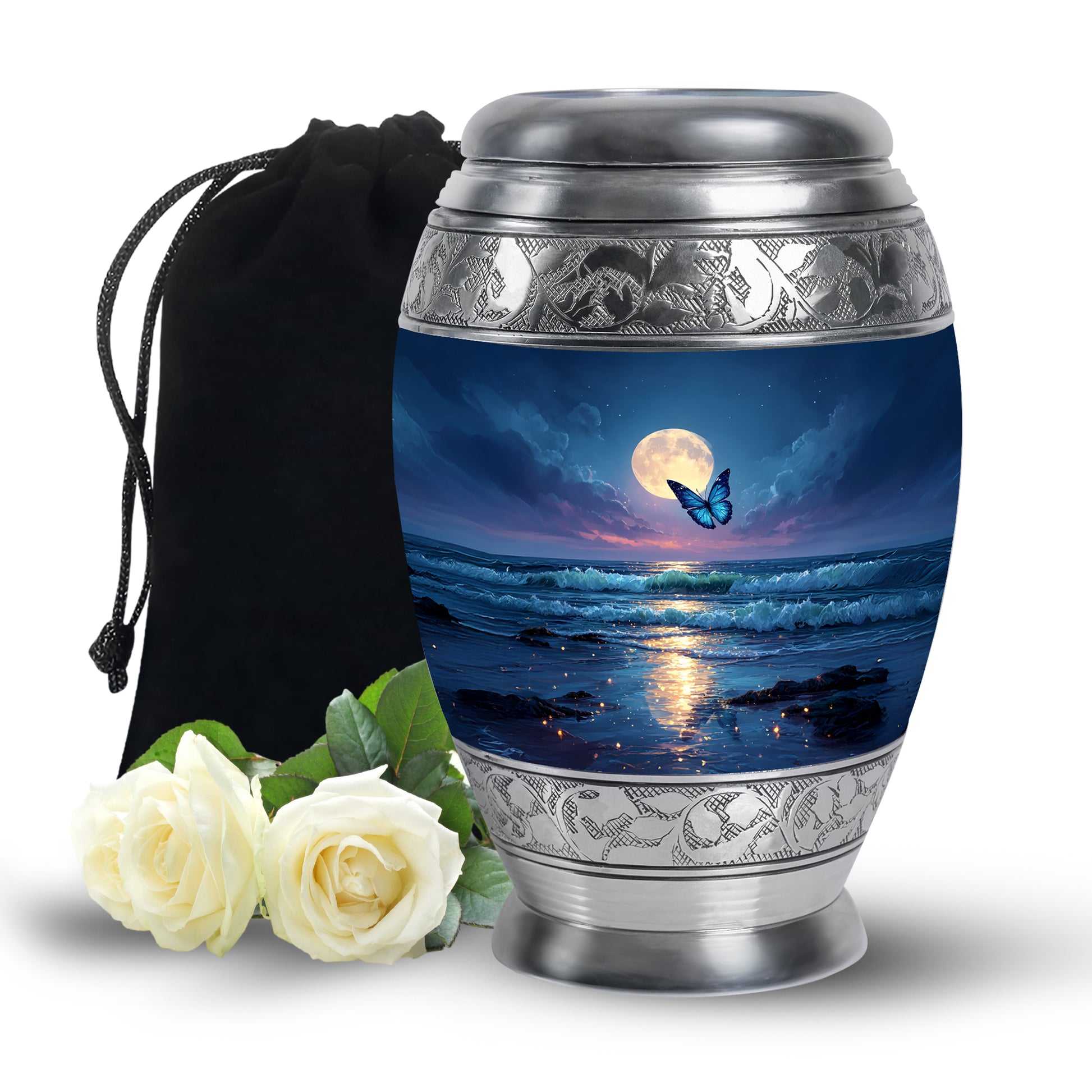 Azure Butterfly Cremation Urn back view with polished surface - ornate monarch-style butterfly relief on brushed aluminum - full-size 10 inch 200 cubic inch adult cremation urn